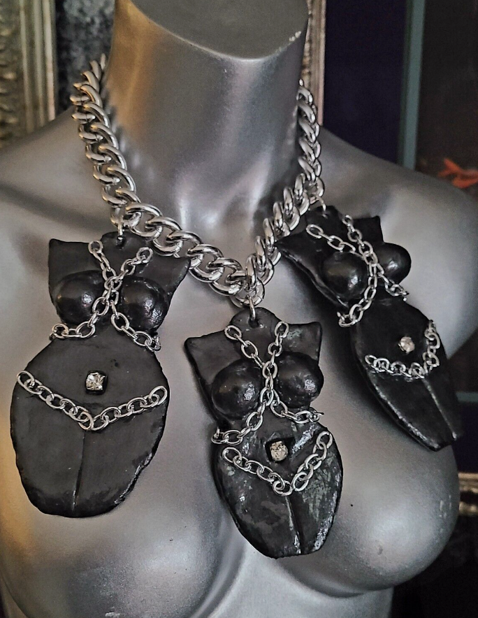 Hand Sculpted Triple Goddess Bondage Pendant Statement Necklace, BDSM Chic Neck Candy, Kink Jewelry