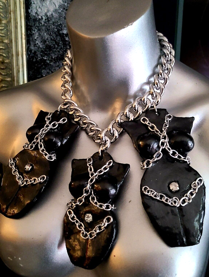 Hand Sculpted Triple Goddess Bondage Pendant Statement Necklace, BDSM Chic Neck Candy, Kink Jewelry