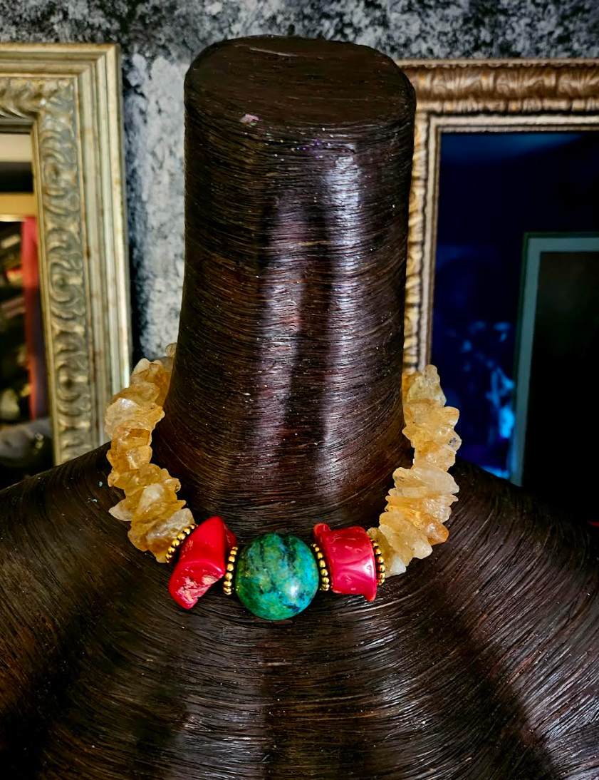 Rough Citrine Coral & Chrysocolla Gemstone Choker, Jewelry for Petite Women