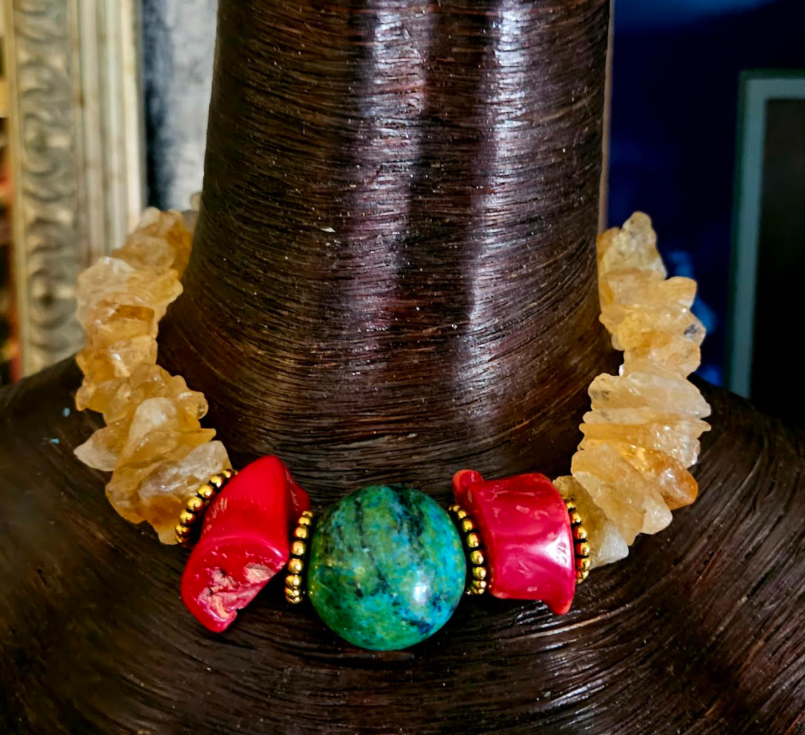 Rough Citrine Coral & Chrysocolla Gemstone Choker, Jewelry for Petite Women