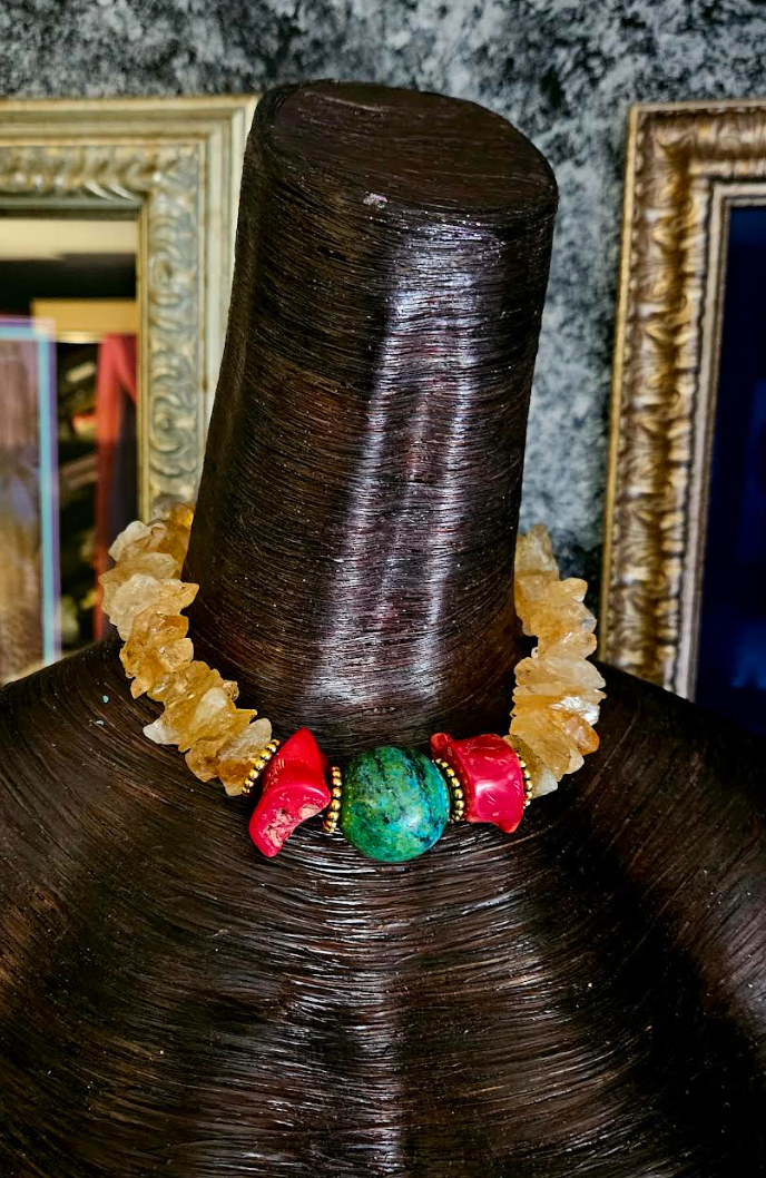 Rough Citrine Coral & Chrysocolla Gemstone Choker, Jewelry for Petite Women