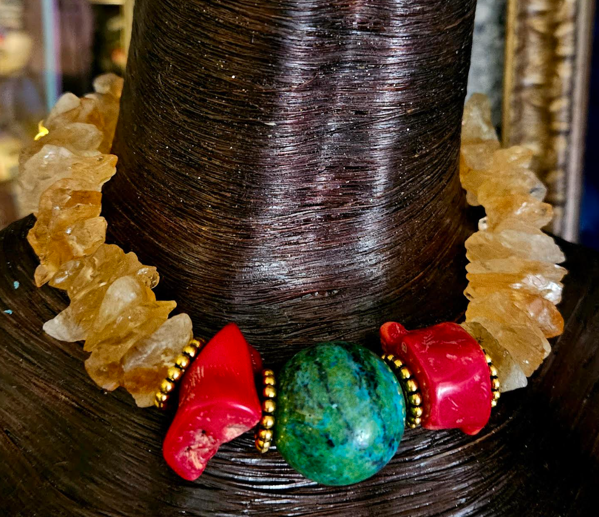 Rough Citrine Coral & Chrysocolla Gemstone Choker, Jewelry for Petite Women