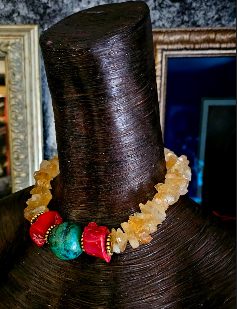 Rough Citrine Coral & Chrysocolla Gemstone Choker, Jewelry for Petite Women