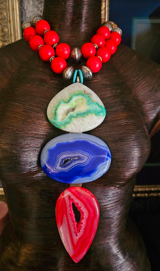 Druzy Agate Totem Chest Piece, Magnesite Citrine Bold Chunky Statement Necklace, OOAK Art to Wear Kat Kouture