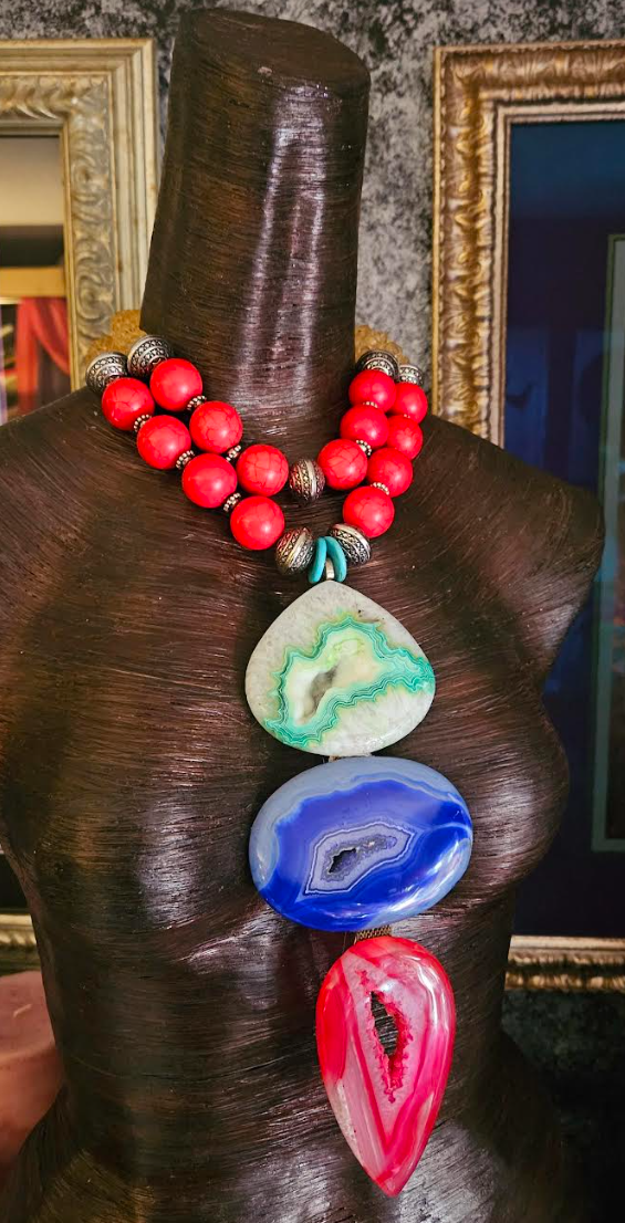 Druzy Agate Totem Chest Piece, Magnesite Citrine Bold Chunky Statement Necklace, OOAK Art to Wear Kat Kouture