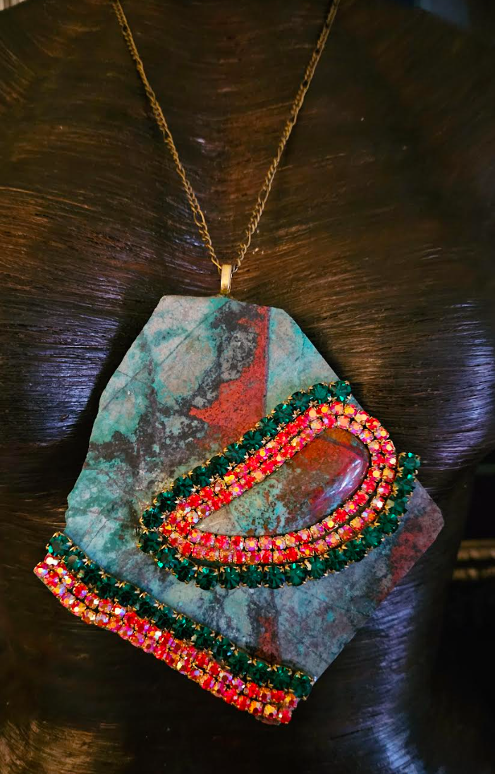 Rough Sonora Slab & Cabochon Unisex Statement Pendant With Rhinestones, Red and Green Gemstone Amulet, OOAK Artisan Jewelry