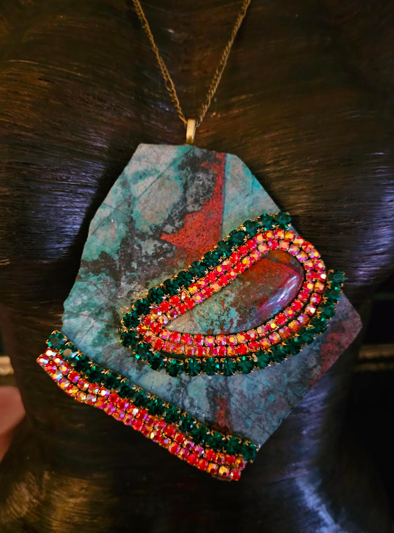 Rough Sonora Slab & Cabochon Unisex Statement Pendant With Rhinestones, Red and Green Gemstone Amulet, OOAK Artisan Jewelry