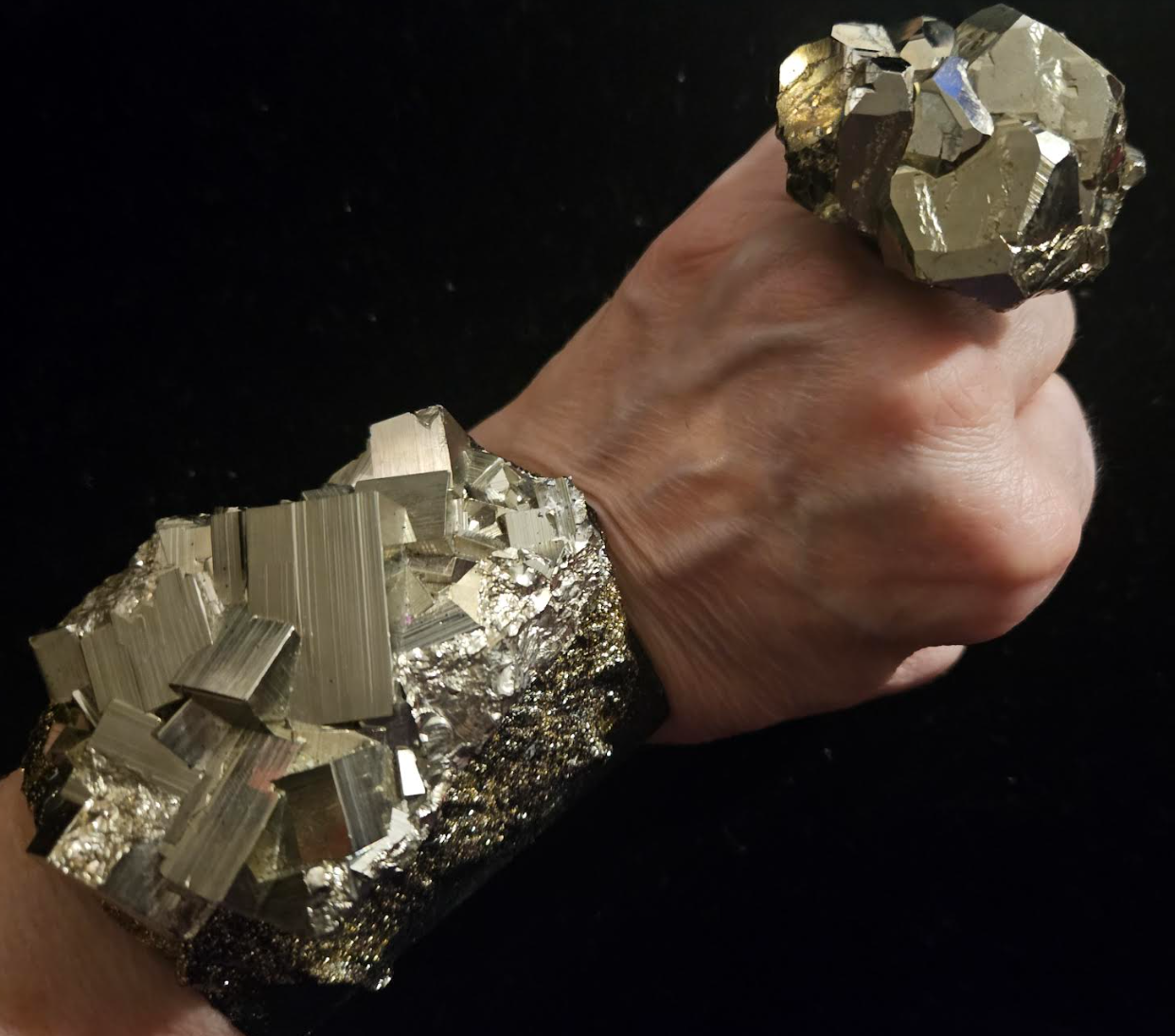 Raw Rough Pyrite Statement Cuff and  Adjustable Ring Set, Fools Gold Wrist and Finger Candy, Haute Couture Artisan Jewelry