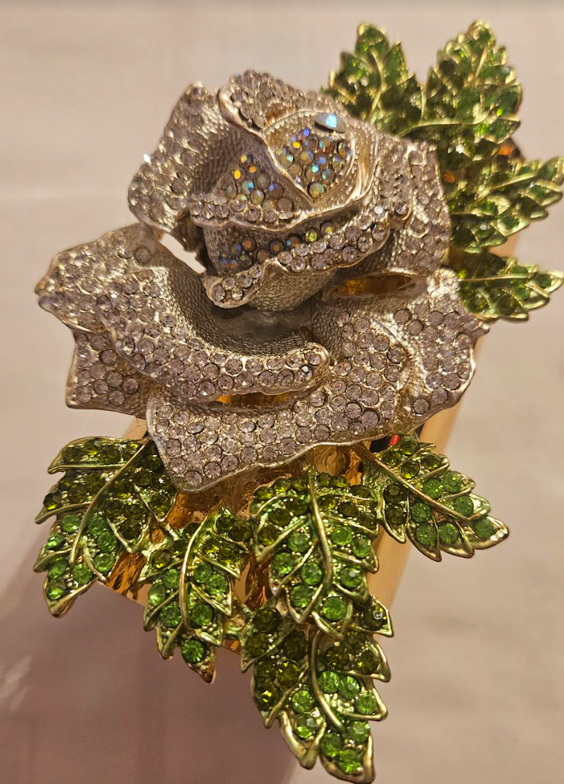 White Rhinestone Rose Gold Tone Statement Cuff, Bridal Wedding Venue Bangle, Crystal Flower Wrist Candy