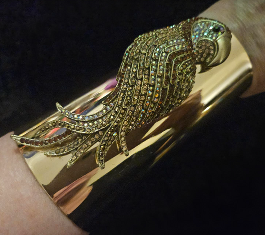 Shiny Gold Tone Wide Statement Cuff with Rhinestone Parrot, Diamante Wrist Candy, Bling Bling Accessory