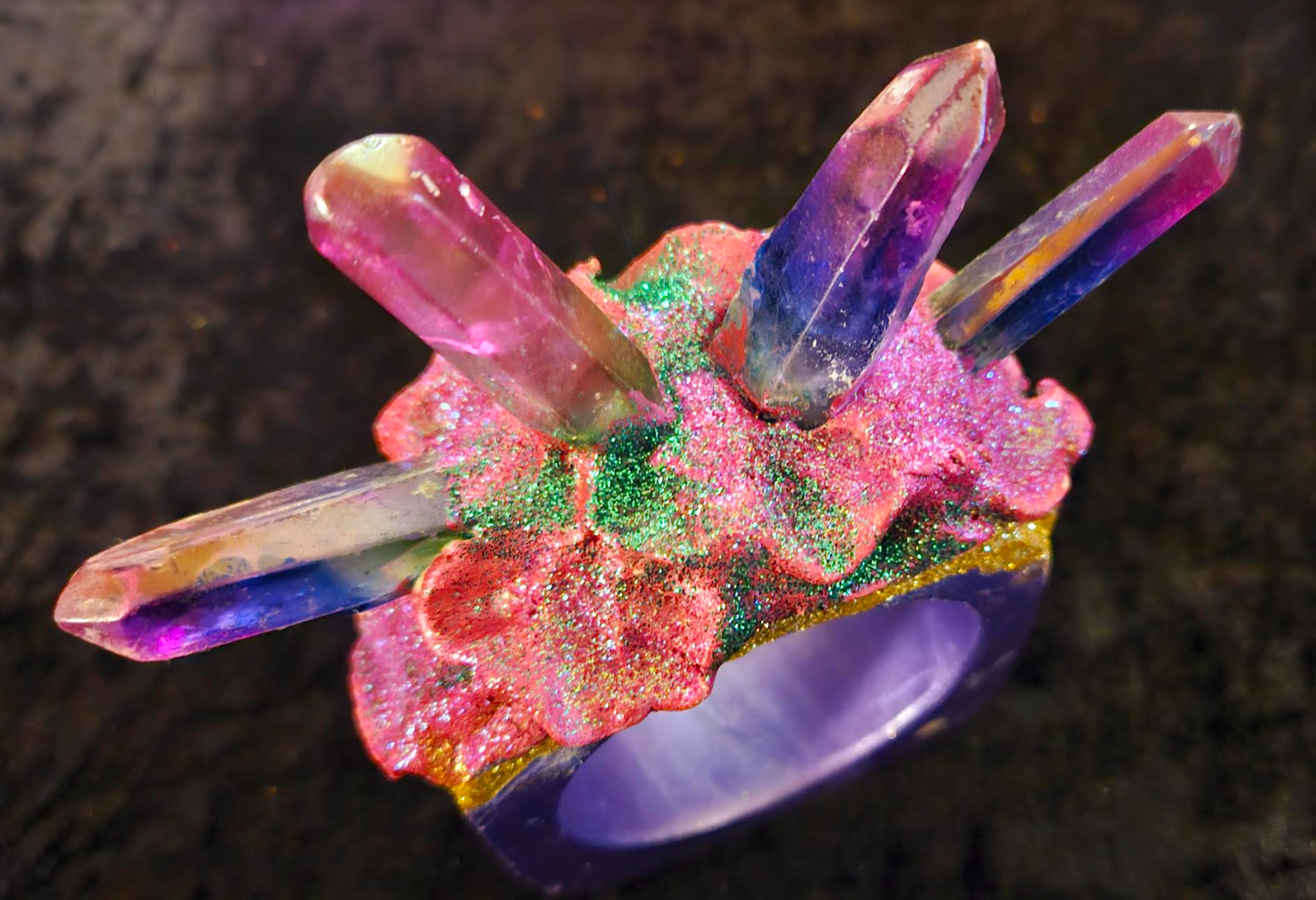 Sculpted Crystal Statement Cuff for Women, Spiky Quartz Wrist Candy, Edgy Purple Bangle