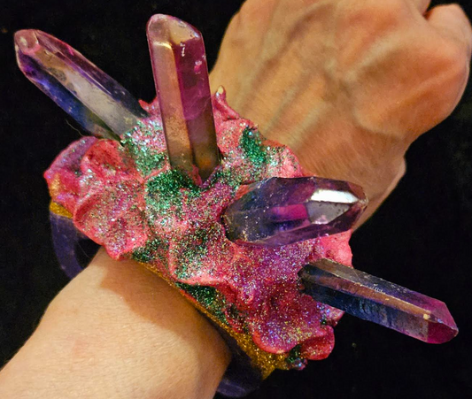 Sculpted Crystal Statement Cuff for Women, Spiky Quartz Wrist Candy, Edgy Purple Bangle