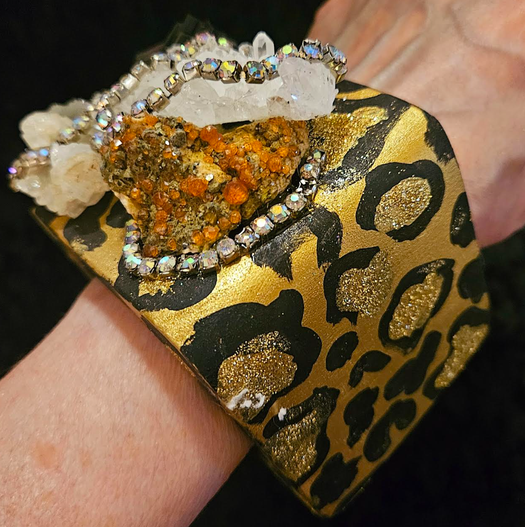 Oversized Gold Metallic Cuff with Gemstones, OOAK Wearable Art Bangle,  Avant Garde Wrist Candy Accessory