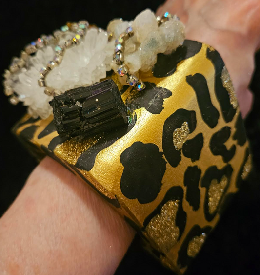 Oversized Gold Metallic Leopard Cuff with Gemstones - Wearable Art Bangle