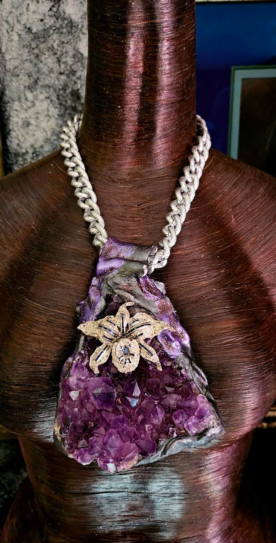 Rough Amethyst Sculpted Pendant with Rhinestone Orchid, Purple Crystal Gemstone Chest Piece, Luxury Stone Statement Pendant