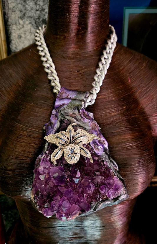 Rough Amethyst Sculpted Pendant with Rhinestone Orchid, Purple Crystal Gemstone Chest Piece, Luxury Stone Statement Pendant