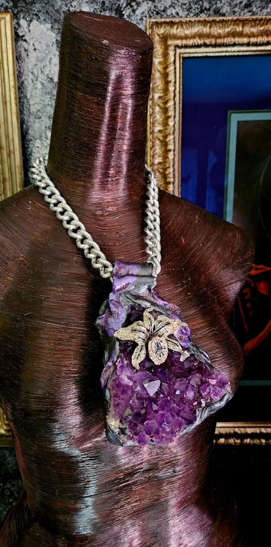 Rough Amethyst Sculpted Pendant with Rhinestone Orchid, Purple Crystal Gemstone Chest Piece, Luxury Stone Statement Pendant