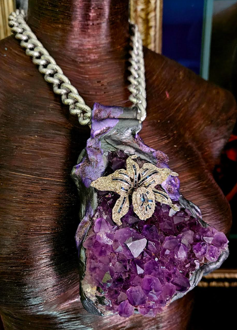 Rough Amethyst Sculpted Pendant with Rhinestone Orchid, Purple Crystal Gemstone Chest Piece, Luxury Stone Statement Pendant