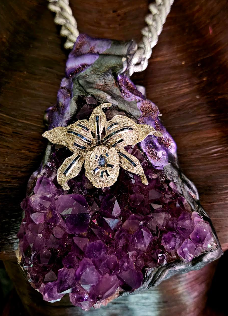 Rough Amethyst Sculpted Pendant with Rhinestone Orchid, Purple Crystal Gemstone Chest Piece, Luxury Stone Statement Pendant