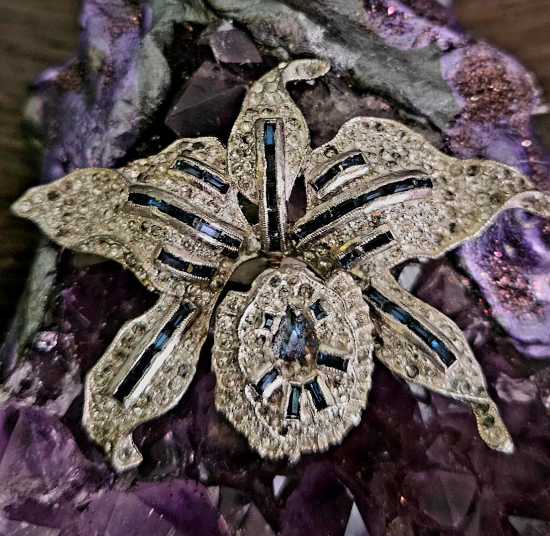 Rough Amethyst Sculpted Pendant with Rhinestone Orchid, Purple Crystal Gemstone Chest Piece, Luxury Stone Statement Pendant