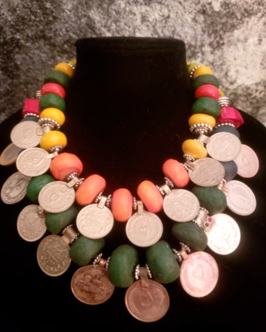 Moroccan Resin & Vintage Kuchi Coin Tribal Necklace, Exotic African Beaded Ethnic Neck Candy, Orange Green and Silver OOAK Choker