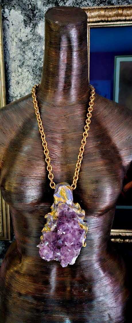 Sculpted Rough Amethyst Chest Piece for Unisex, Purple Crystal Statement Pendant, Bold Gemstone Talisman