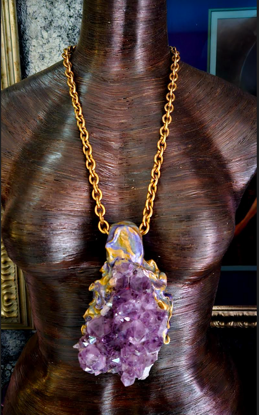 Sculpted Rough Amethyst Chest Piece for Unisex, Purple Crystal Statement Pendant, Bold Gemstone Talisman