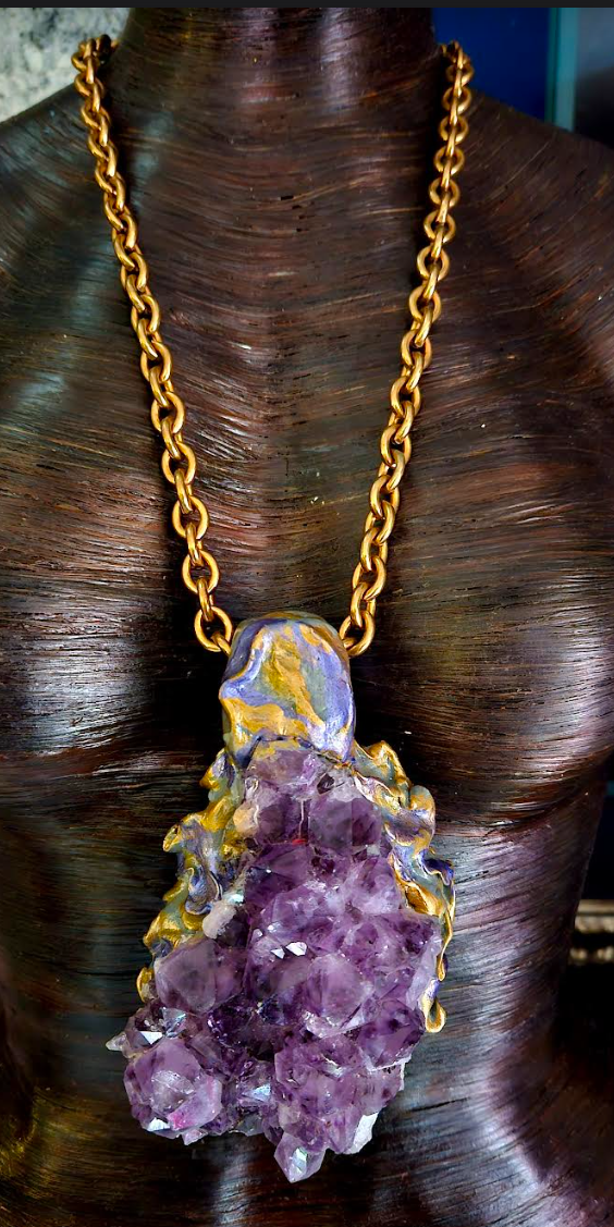 Sculpted Rough Amethyst Chest Piece for Unisex, Purple Crystal Statement Pendant, Bold Gemstone Talisman