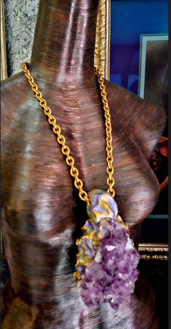 Sculpted Rough Amethyst Chest Piece for Unisex, Purple Crystal Statement Pendant, Bold Gemstone Talisman