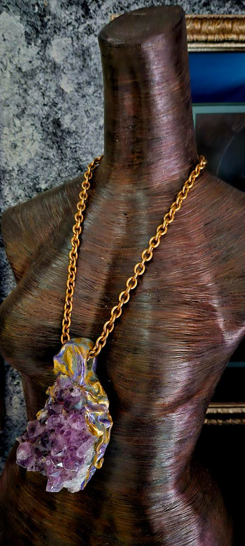 Sculpted Rough Amethyst Chest Piece for Unisex, Purple Crystal Statement Pendant, Bold Gemstone Talisman