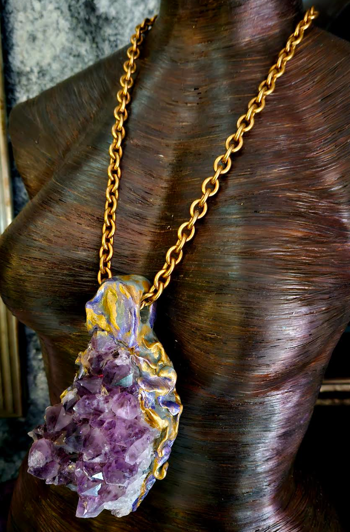 Sculpted Rough Amethyst Chest Piece for Unisex, Purple Crystal Statement Pendant, Bold Gemstone Talisman