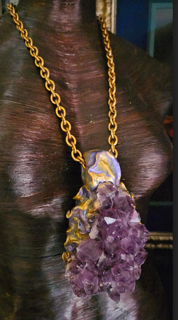 Sculpted Rough Amethyst Chest Piece for Unisex, Purple Crystal Statement Pendant, Bold Gemstone Talisman