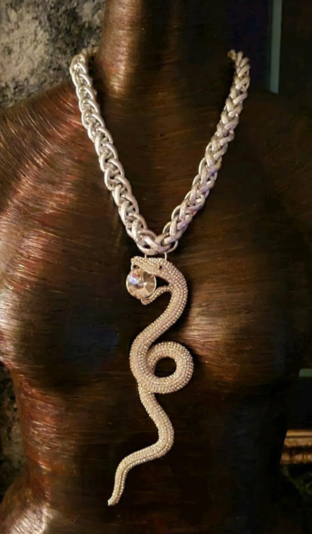 Rhinestone Snake Statement Pendant, Hip Hop Diamante Serpent Chest Piece, Men's Rocker Chic Bling Necklace