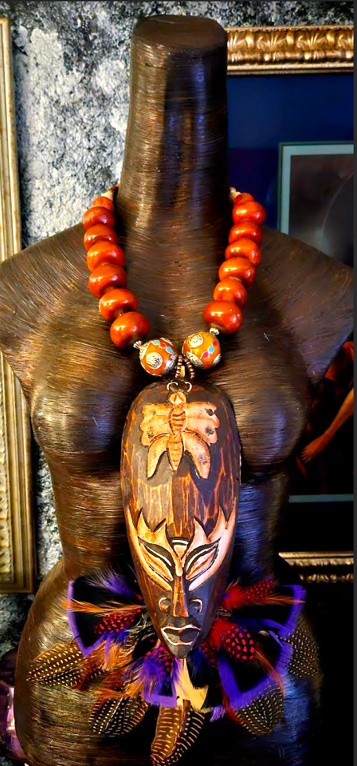 Carved Balinese Wood Mask With Feathers Chest Piece, Moroccan Resin Faux Amber Oversized Tribal Necklace, Exotic OOAK Wearable Art Ethnic Statement Pendant