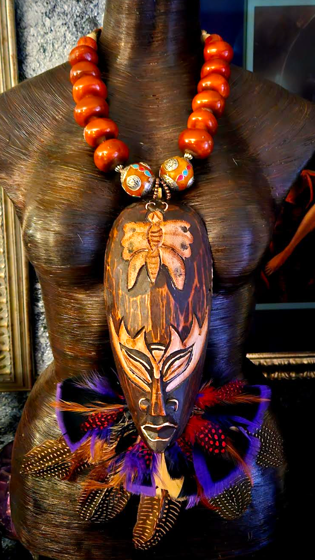 Carved Balinese Wood Mask With Feathers Chest Piece, Moroccan Resin Faux Amber Oversized Tribal Necklace, Exotic OOAK Wearable Art Ethnic Statement Pendant