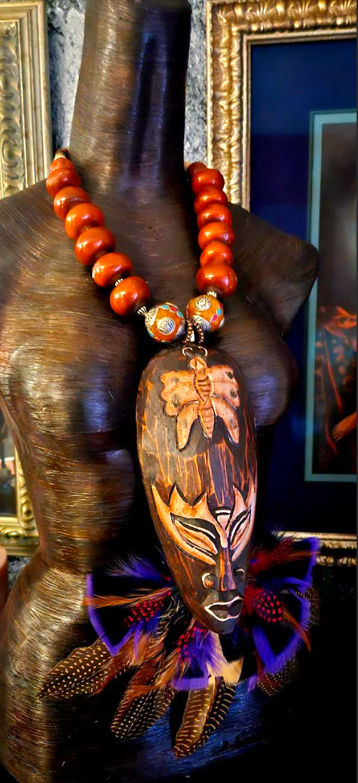 Carved Balinese Wood Mask With Feathers Chest Piece, Moroccan Resin Faux Amber Oversized Tribal Necklace, Exotic OOAK Wearable Art Ethnic Statement Pendant