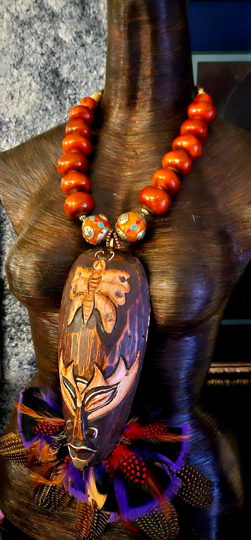 Carved Balinese Wood Mask With Feathers Chest Piece, Moroccan Resin Faux Amber Oversized Tribal Necklace, Exotic OOAK Wearable Art Ethnic Statement Pendant