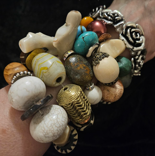 Mixed Media Beaded Adjustable Stretch Bracelets, Earth Tone Wrist Candy Set of Six, Beaded Bangles