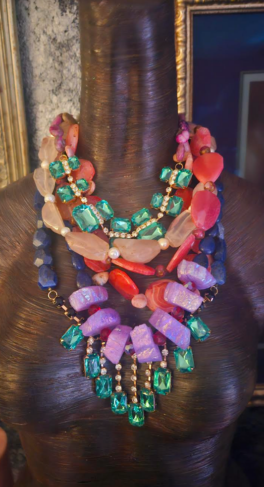 Bespoke Jewel Tone Gemstone & Rhinestone Statement Necklace, Blue Green Pink Purple Holiday Glamour Neck Candy, Heavy Bejeweled Neck Piece