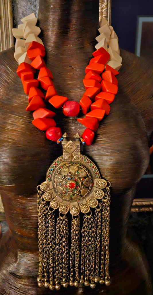 Vintage Baloch Dome Tribal Pendant with Oversized Beaded Statement Necklace, Exotic Wild Ethnic Inspired Jewelry