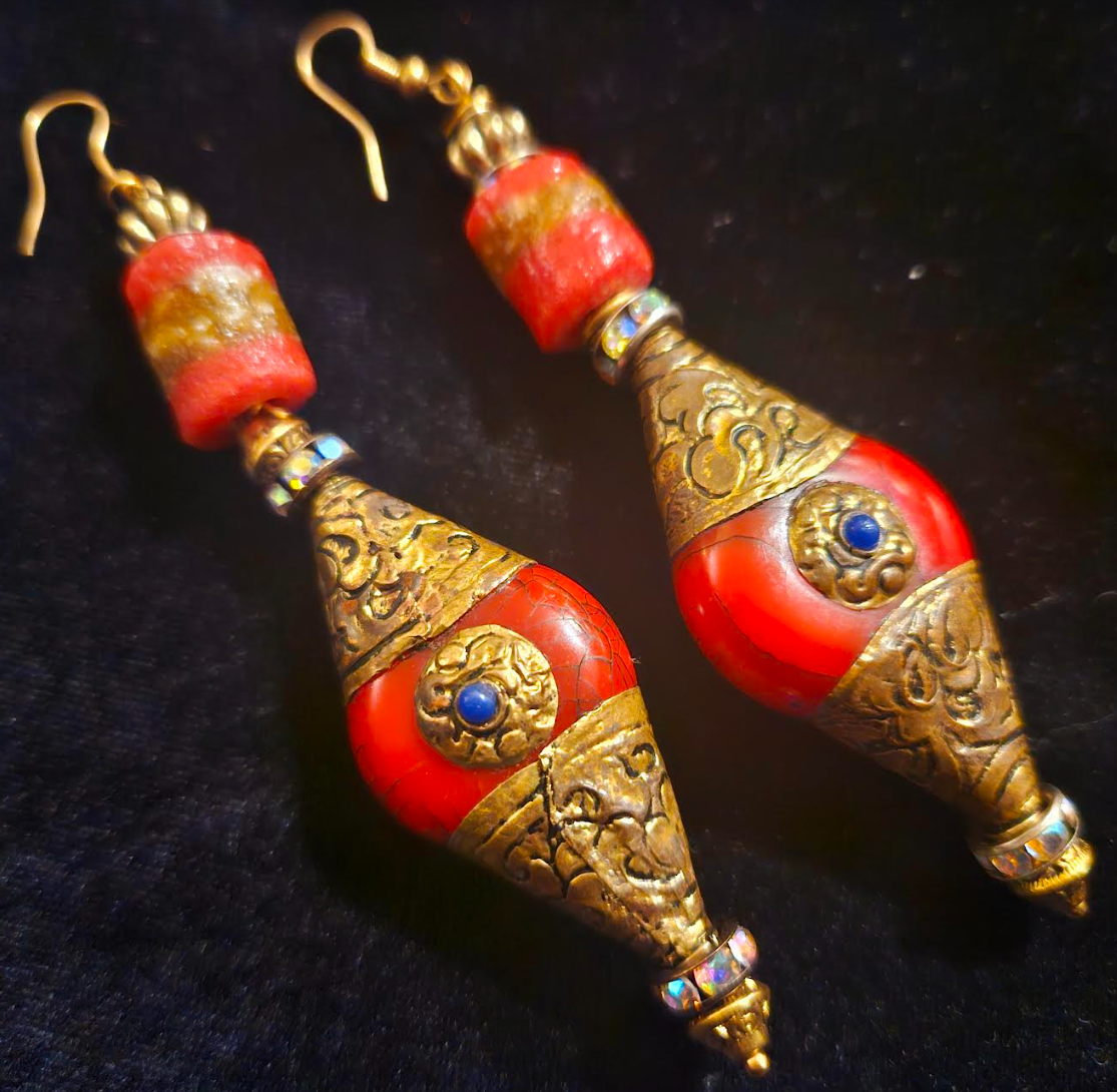 Exotic Tibetan Repousse Red and Gold Tribal Dangle Pierced Earrings, Ethnic Style Belly Dancer Earrings