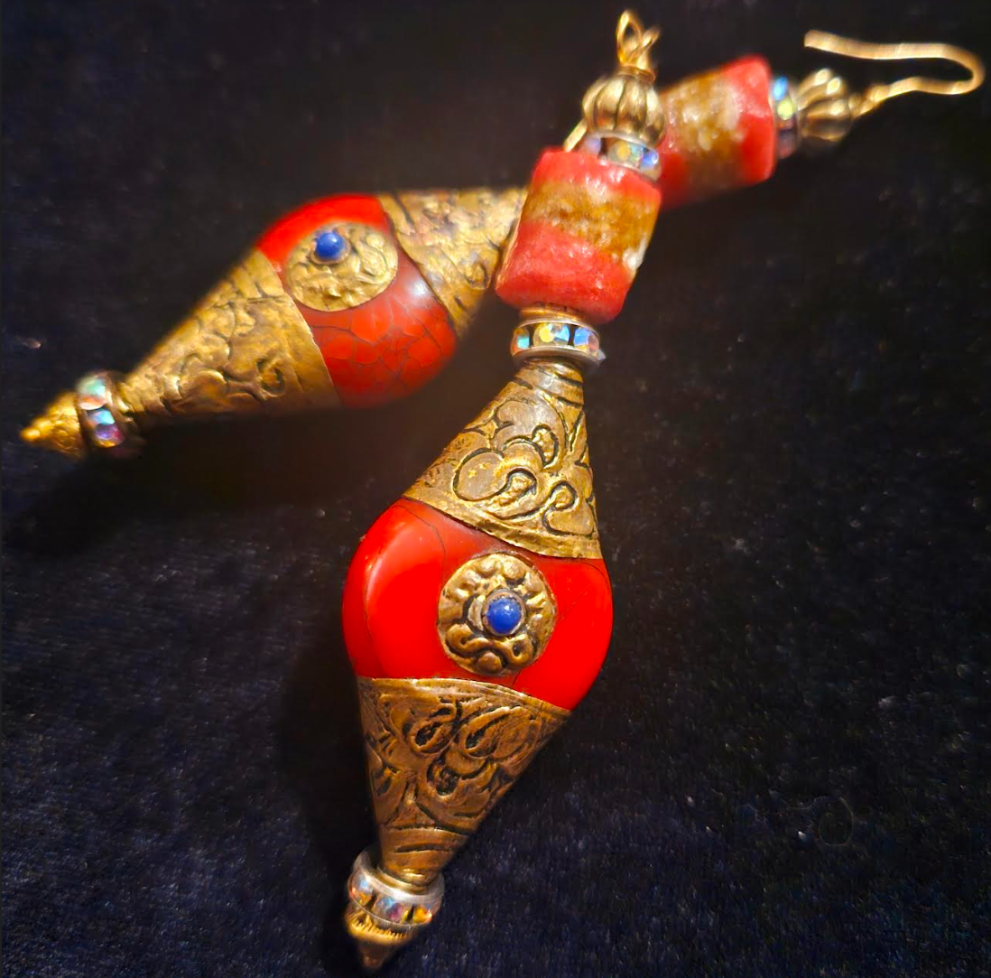 Exotic Tibetan Repousse Red and Gold Tribal Dangle Pierced Earrings, Ethnic Style Belly Dancer Earrings