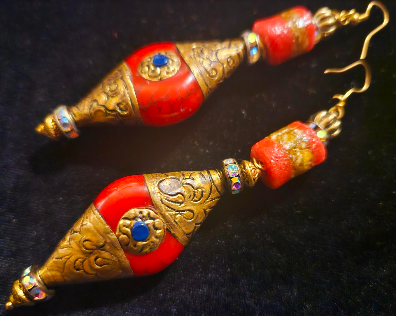 Exotic Tibetan Repousse Red and Gold Tribal Dangle Pierced Earrings, Ethnic Style Belly Dancer Earrings