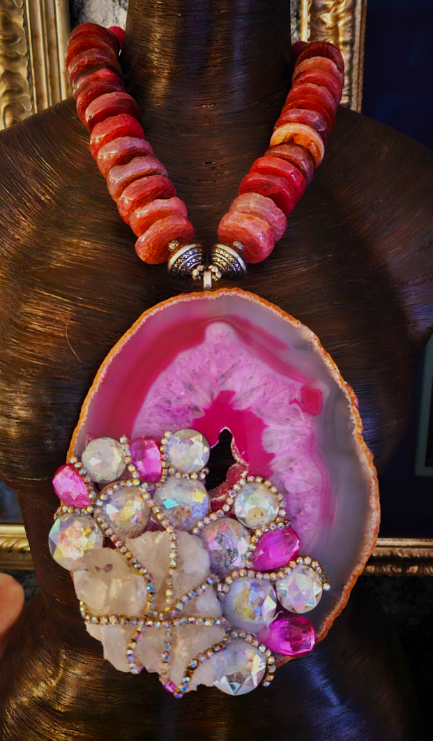 Huge Hot Pink Agate Pendant with Crystals, Pinky Red Agate Rondelle Statement Necklace, Wedding Bridal Venue Chest Piece