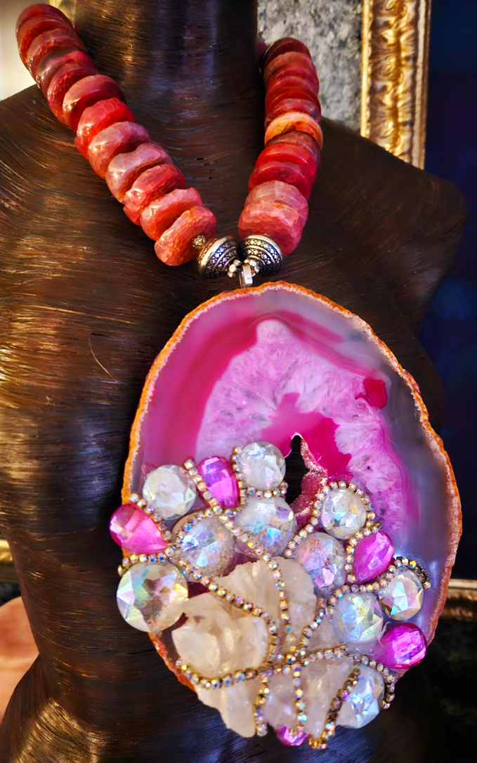 Huge Hot Pink Agate Pendant with Crystals, Pinky Red Agate Rondelle Statement Necklace, Wedding Bridal Venue Chest Piece