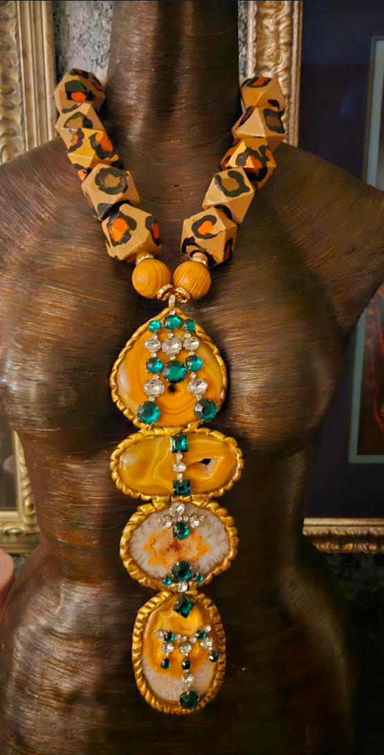 Orange Druzy Agate Totem Chest Piece with Leopard Bead Necklace, OOAK Wearable Art Jewelry, Boho Couture Accessory