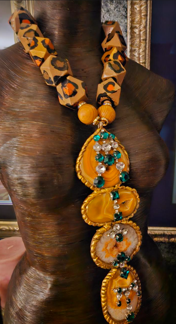 Orange Druzy Agate Totem Chest Piece with Leopard Bead Necklace, OOAK Wearable Art Jewelry, Boho Couture Accessory