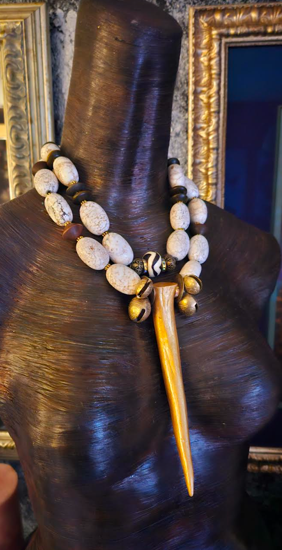 White Magnesite & Wood Beaded Multi Strand Necklace with Gold Metallic Antler Pendant, Posh Rich Elegant Tribal Neck Candy, Oversized Beaded Horn Pendant