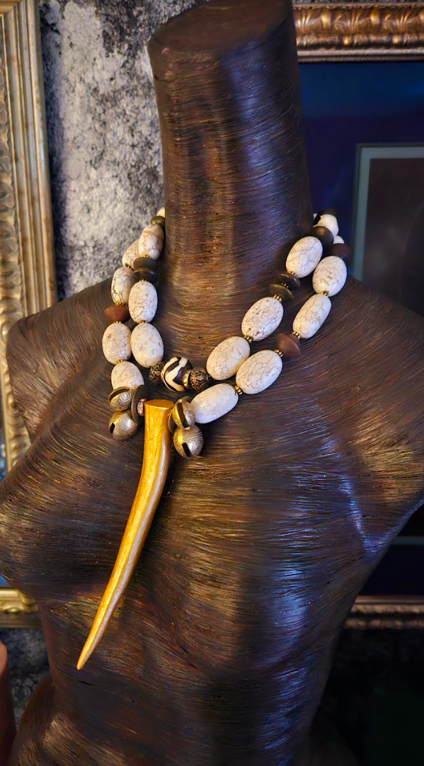 White Magnesite & Wood Beaded Multi Strand Necklace with Gold Metallic Antler Pendant, Posh Rich Elegant Tribal Neck Candy, Oversized Beaded Horn Pendant