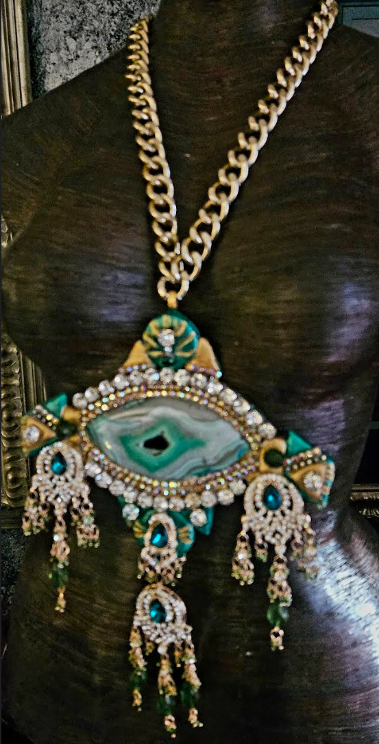 Agate & Rhinestone Gatsby Inspired Ornate Pendant - Green Gold and Silver Art Deco Amulet - Bridal Wedding Black Tie Accessory - Kat Kouture Jewelry